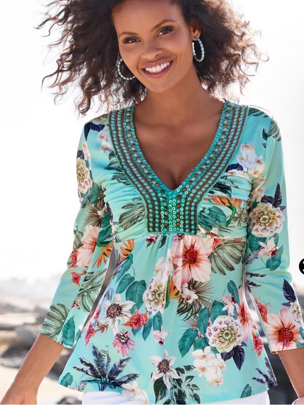 Boston Proper Teal Floral Beaded V-Neck Tunic